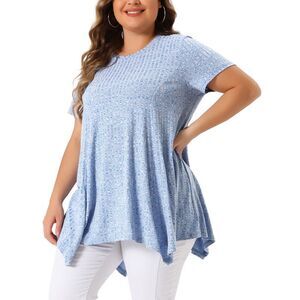Plus Size Short Sleeve Top Round Neck Casual Tee Blue